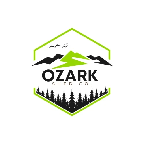 Ozark Shed Co mountain and pine tree logo